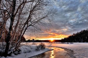 Beautiful winter landscape with water