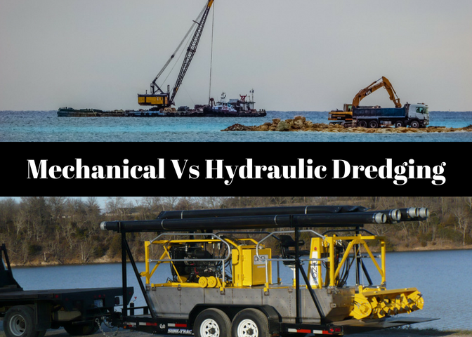 mechanical vs hydraulic dredging equipment performing work in lake